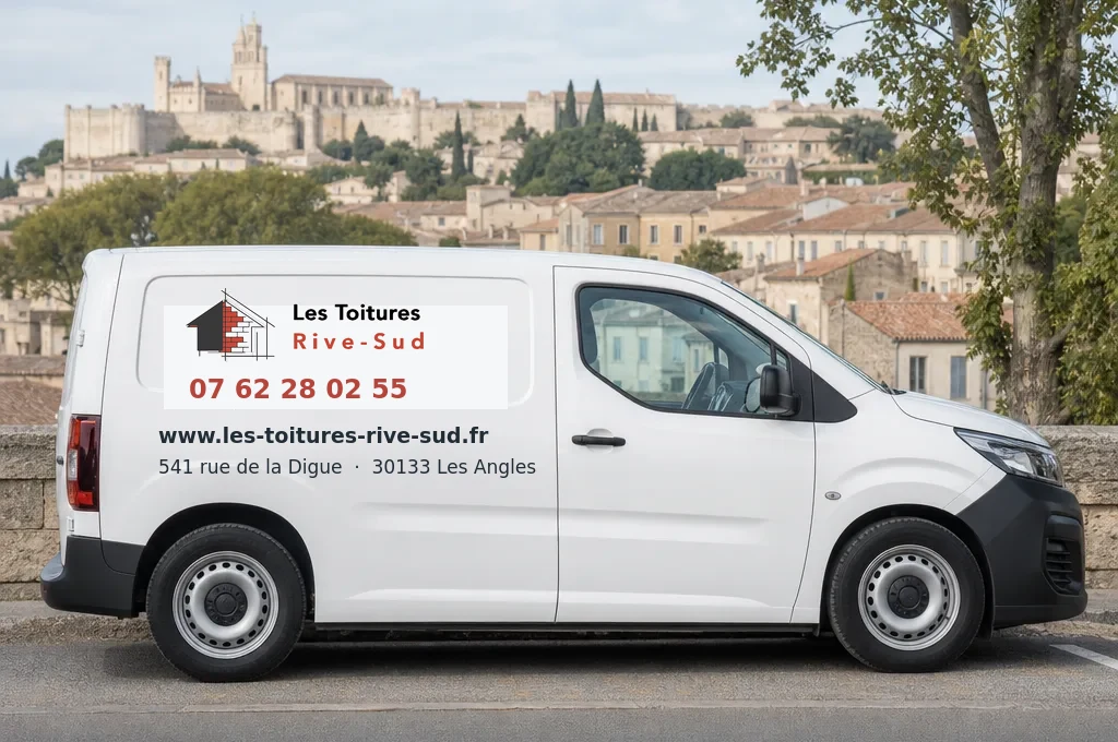 Montage d’un camion blanc floqué Les Toitures Rive-Sud : 07 62 28 02 55, www.les-toitures-rive-sud.fr, 541 rue de la Digue, 30133 Les Angles
